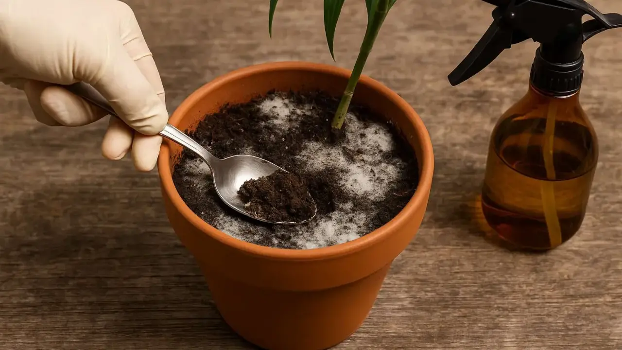 Schimmel auf Blumenerde in einem Terrakotta-Topf. Eine Hand mit Handschuh entnimmt mit einem Löffel Erde. Daneben steht eine Sprühflasche.