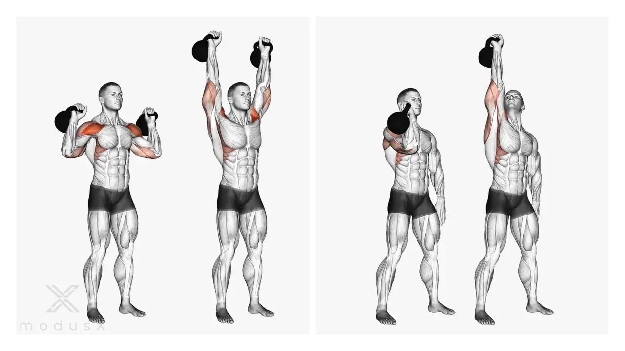 Mann hebt Kettlebells über den Kopf. Übung für den **Kettlebell Schulter**-Bereich.