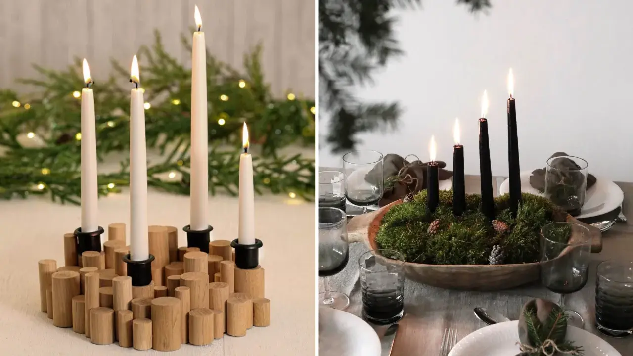 Två adventsljusstake-inspo: en med vita ljus på trästubbar, en annan med svarta ljus i en mossig skål.