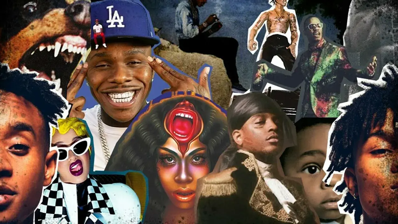 Kolaż przedstawiający artystów hip-hopowych, takich jak DaBaby, Cardi B i inni, tworzących najpopularniejsze kawałki hip-hop.