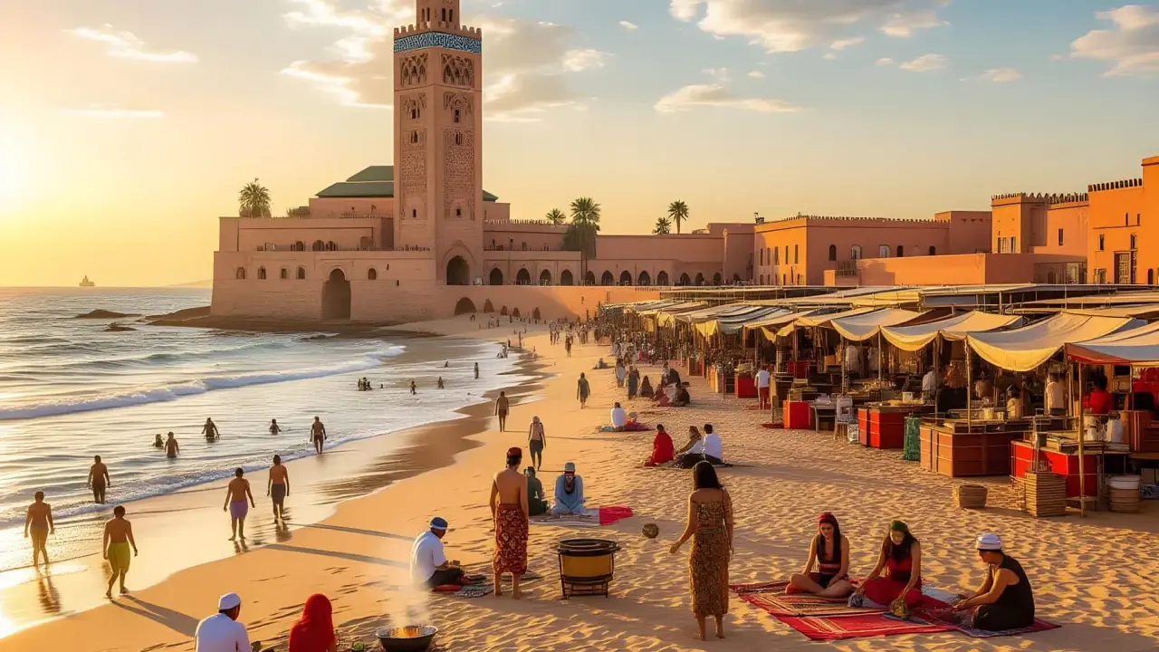 Ein Strand mit Menschen, die baden und entspannen, während im Hintergrund eine Moschee und ein Markt zu sehen sind. Hier liegt Marrakesch am Meer, ein malerischer Anblick.