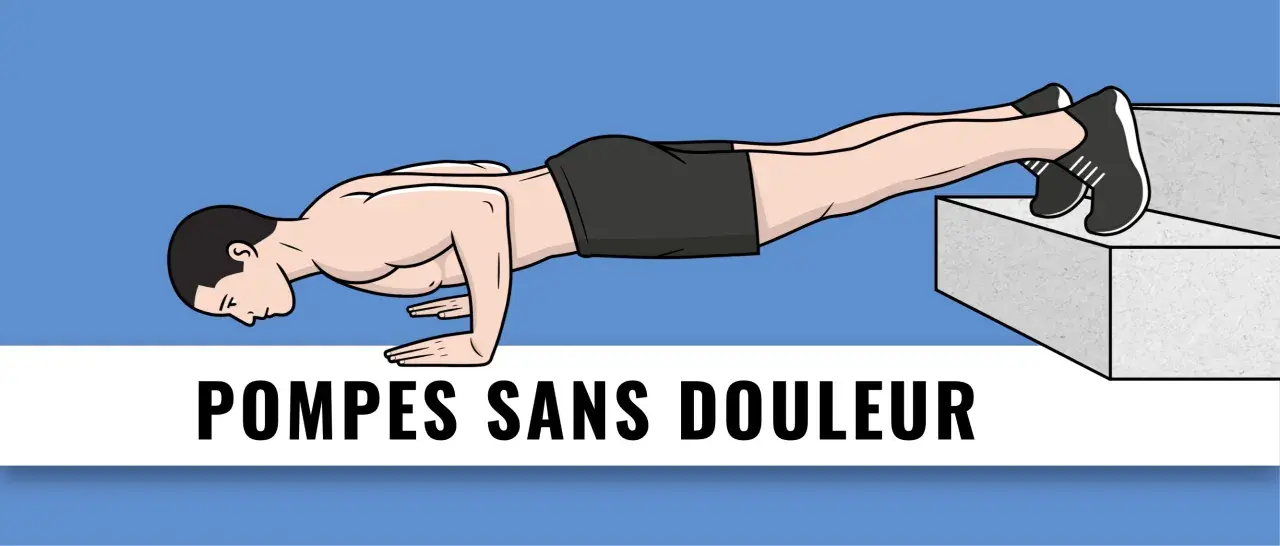 Un homme fait des pompes surélevées, les pieds sur un bloc. Apprenez comment faire des pompes sans douleur pour un entraînement efficace.