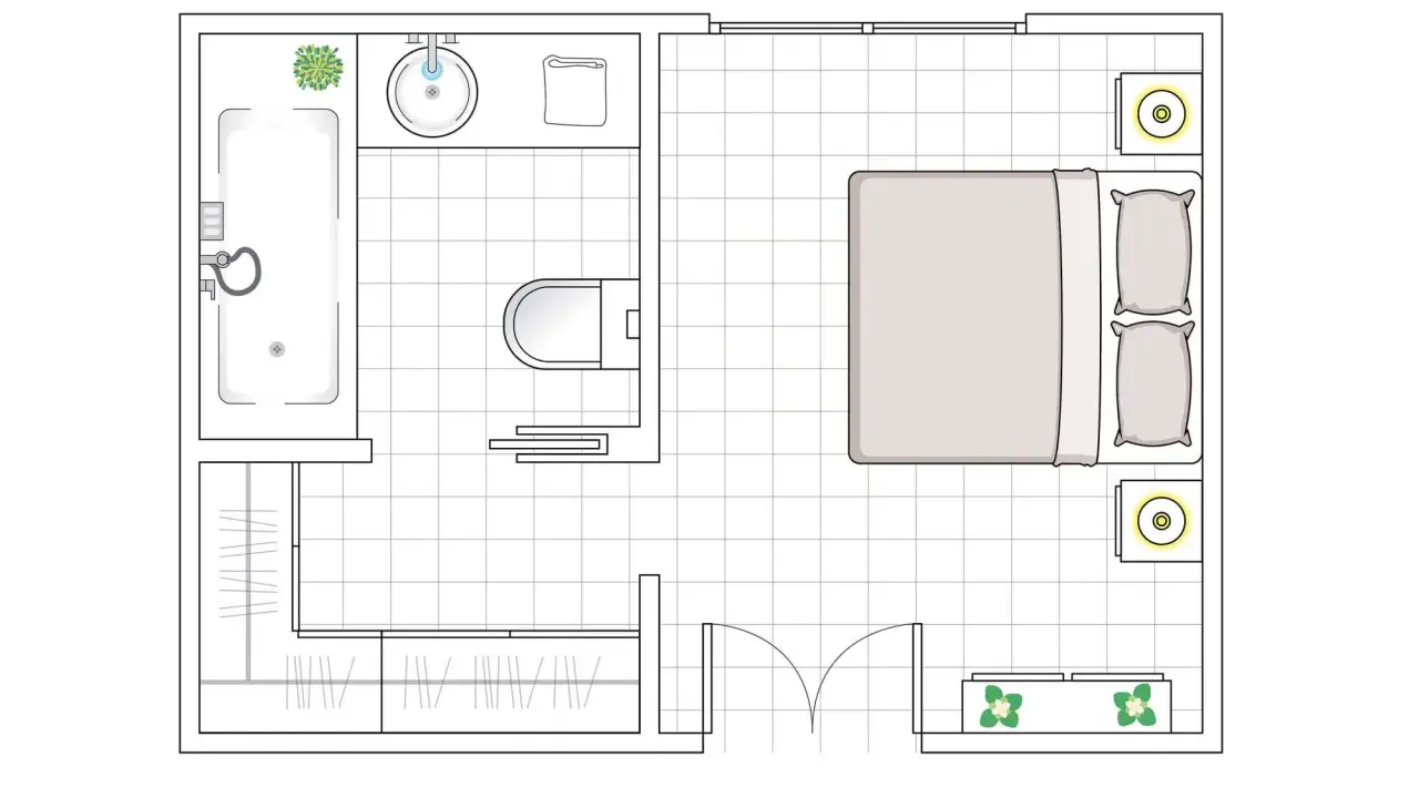 Plano de medidas habitación matrimonio con baño y vestidor. Incluye cama, dos mesitas, bañera, inodoro, lavabo y armarios.