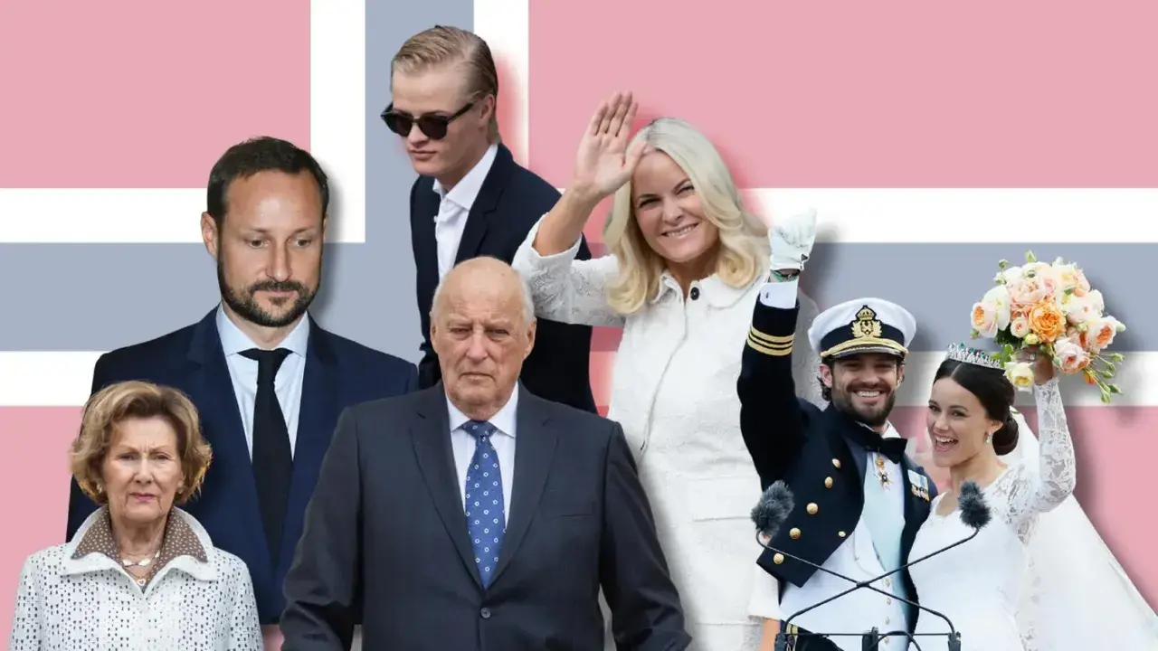 Królewska rodzina Norwegii: Król Harald V, królowa Sonja, książę Haakon, księżna Mette-Marit i książę Sverre Magnus.