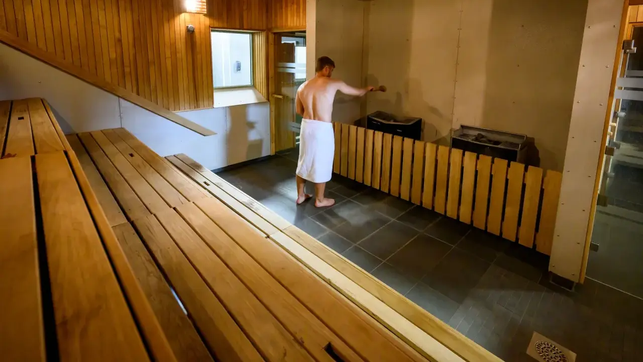 Man i handduk förbereder sig för att basta i en träklädd bastu med värmeelement.