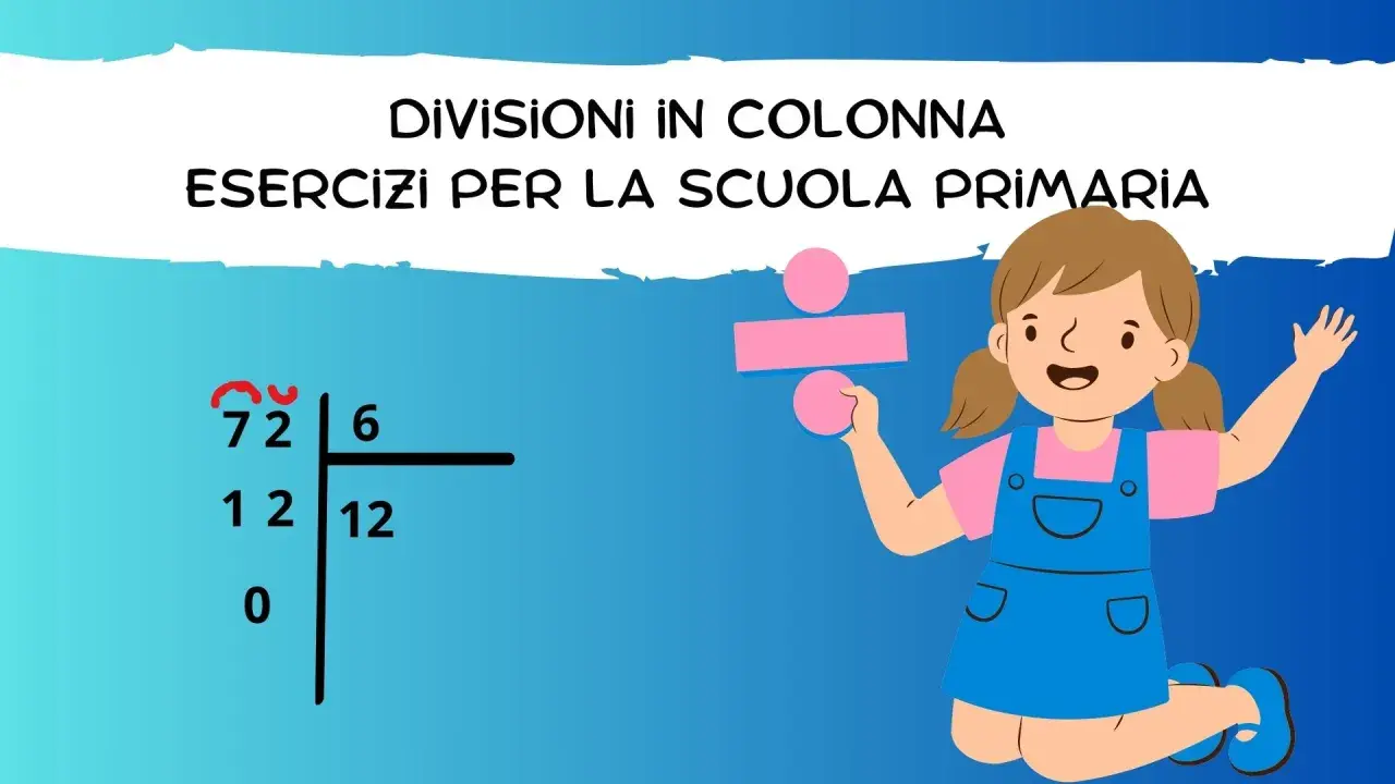 Bambina sorridente con simbolo di divisione, esercizio di divisione come distribuzione schede per la scuola primaria.