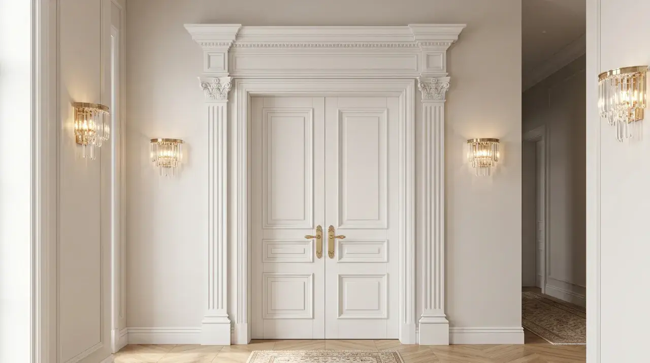 Elegancka sztukateria w sypialni zdobi dwuskrzydłowe drzwi, podkreślając klasyczny styl wnętrza.