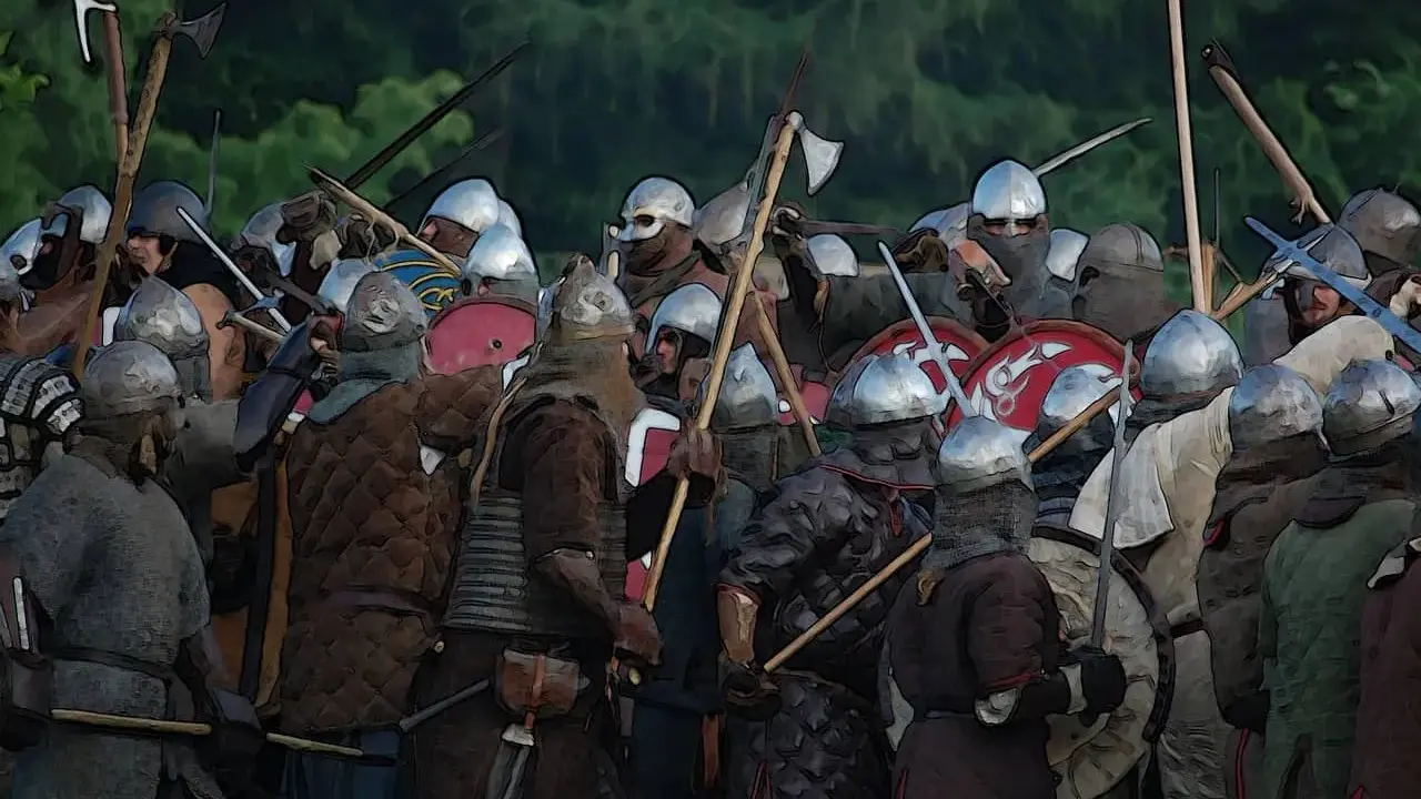 En grupp svensk viking krigare i strid, beväpnade med yxor och svärd, redo att försvara sitt land.