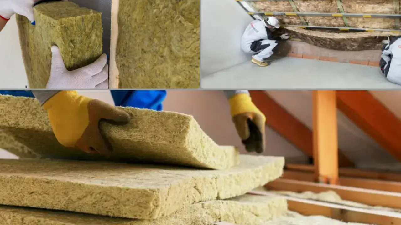 Pracownicy montują wełnę mineralną na poddaszu. Widać stosy płyt izolacyjnych i proces układania materiału.