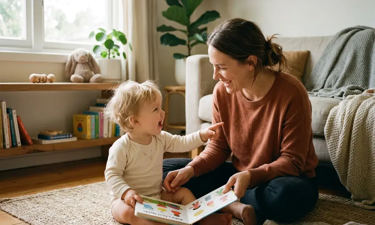 Bambino sorridente indica un libro, forse imparando a quanti mesi i bambini iniziano a parlare. Mamma felice lo osserva.