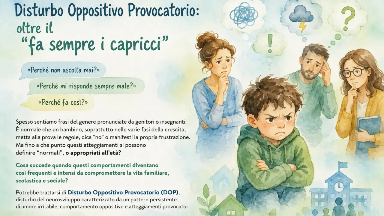 Un bambino di 1 anno con espressione arrabbiata, circondato da genitori preoccupati. Il testo parla di bambini iperattivi e disturbo oppositivo provocatorio.