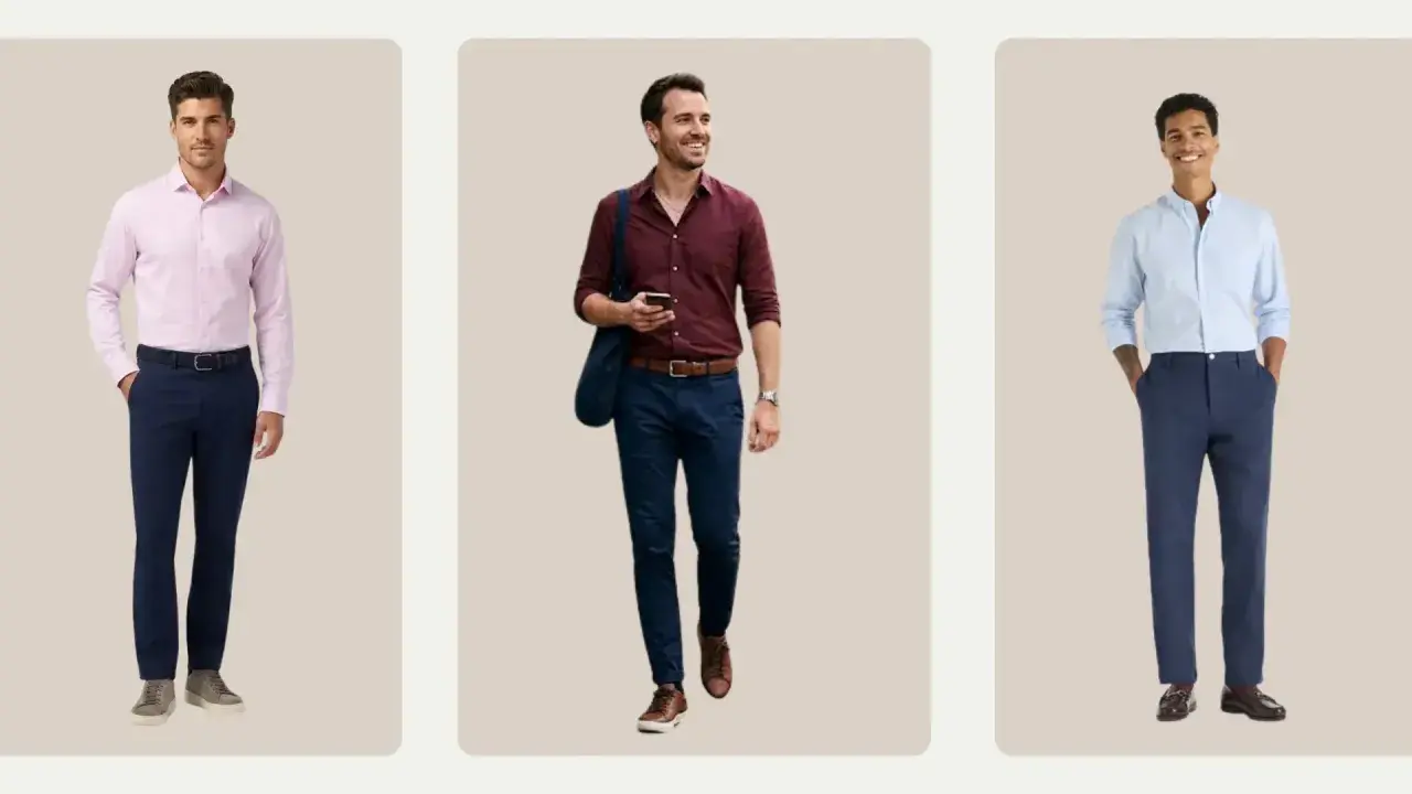 Three men in navy pants. One wears a pink dress shirt, another a burgundy shirt, and the third a light blue shirt.