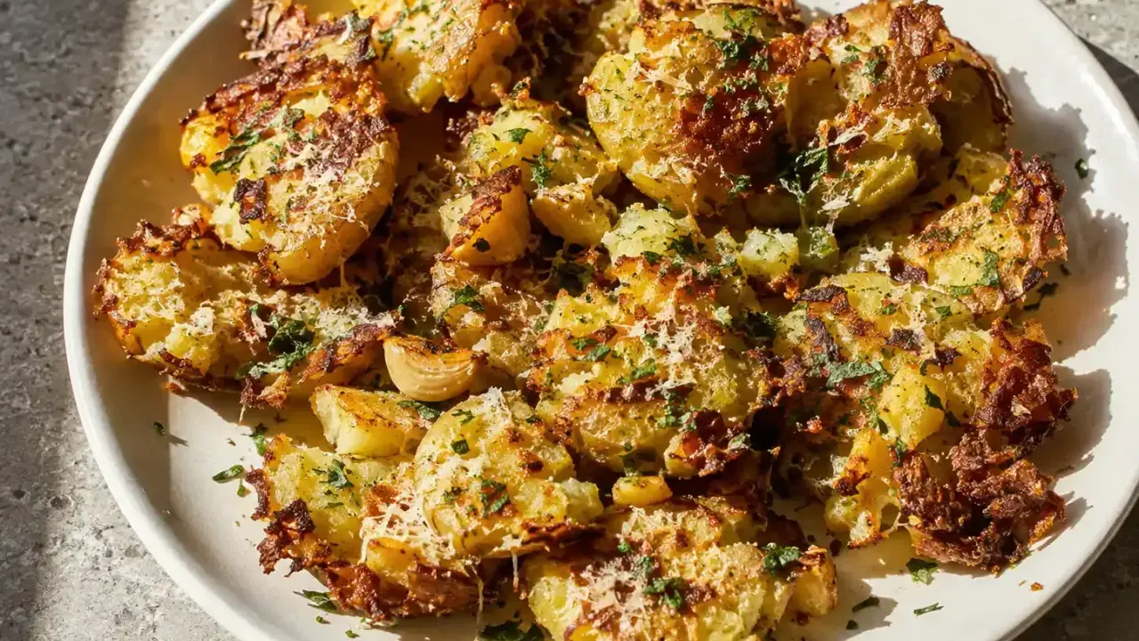 Krispiga, ugnsbakade smashed potatis parmesan med färsk persilja. Enkel och god rätt.