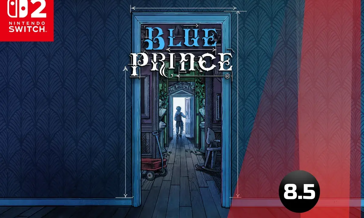 Okładka gry "Blue Prince" na Nintendo Switch. Wąski korytarz z drzwiami na końcu, przez które widać postać.