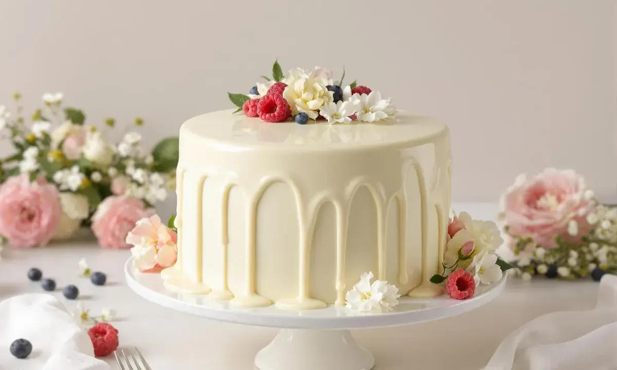 Gâteau élégant avec un glaçage sans chocolat blanc, décoré de fruits rouges, de baies et de fleurs fraîches.