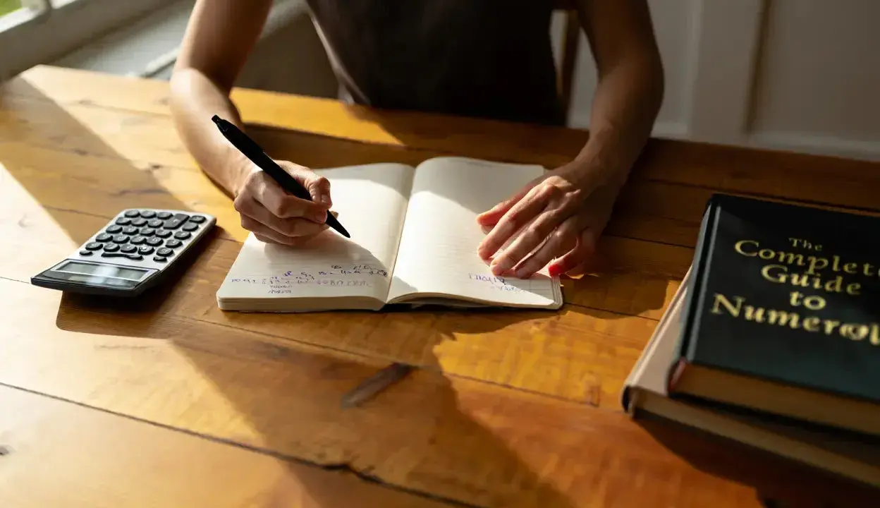 Une personne écrit dans un carnet, une calculatrice à côté. Un livre "The Complete Guide to Numerology" est posé sur la table.