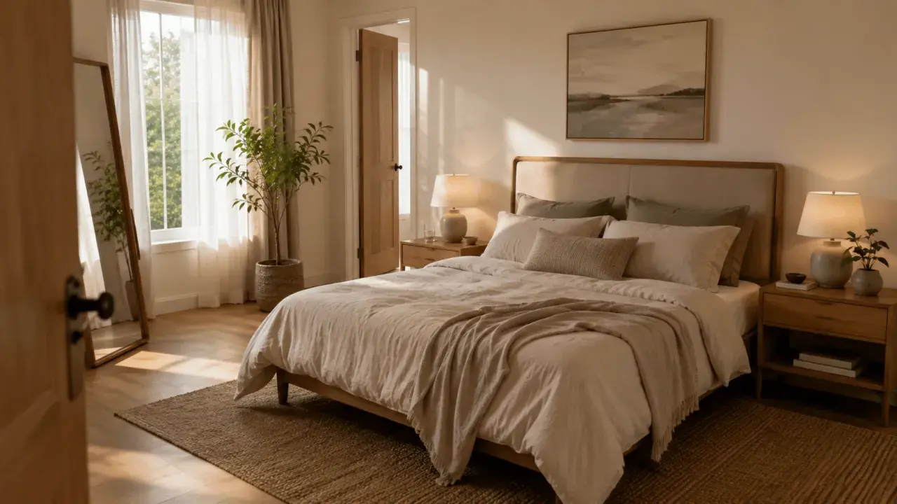 Dormitorio sereno con cama de estilo feng shui, luz natural, espejo y planta.