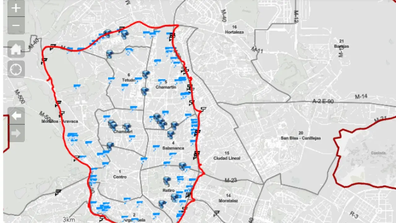 Mapa de Madrid con zonas de bajas emisiones marcadas en rojo. Se puede entrar a Madrid sin pegatina si no se accede a estas zonas.