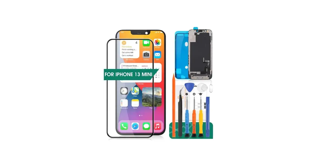 Zestaw do wymiany ekranu iPhone 13 mini: nowy wyświetlacz, narzędzia i folia ochronna.