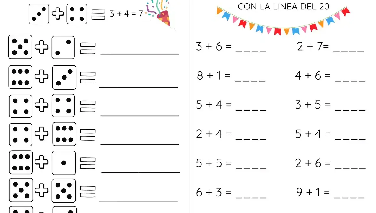 Verifica di matematica per la classe terza elementare: addizioni con dadi e linea del 20.