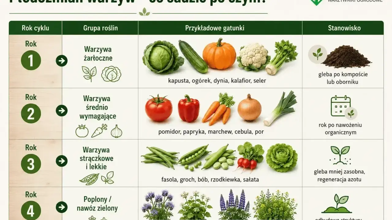 Plan sadzenia warzyw: rok 1 - żarłoczne (kapusta, dynia), rok 2 - wymagające (pomidor, marchew), rok 3 - strączkowe (fasola, groch), rok 4 - poplony.
