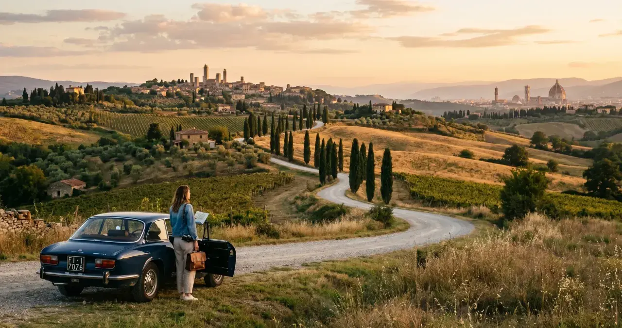 Donna con mappa accanto a un'auto d'epoca in un paesaggio collinare toscano, con borghi medievali e vigneti. Un perfetto itinerario toscana.
