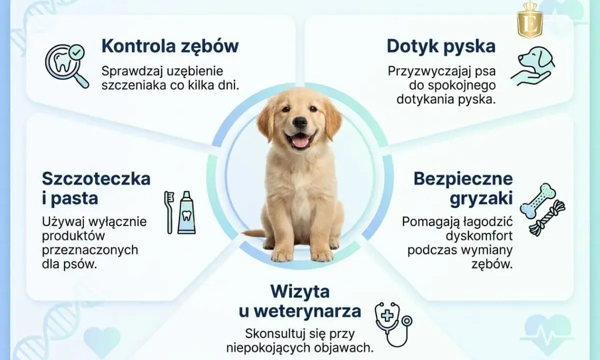 Uroczy szczeniak golden retrievera w centrum grafiki. Wokół niego wskazówki dotyczące pielęgnacji zębów psa, w tym kontrola, szczotkowanie, dotyk pyska, gryzaki i wizyta u weterynarza. Zapobiegaj wypadaniu zębów u psa dorosłego.
