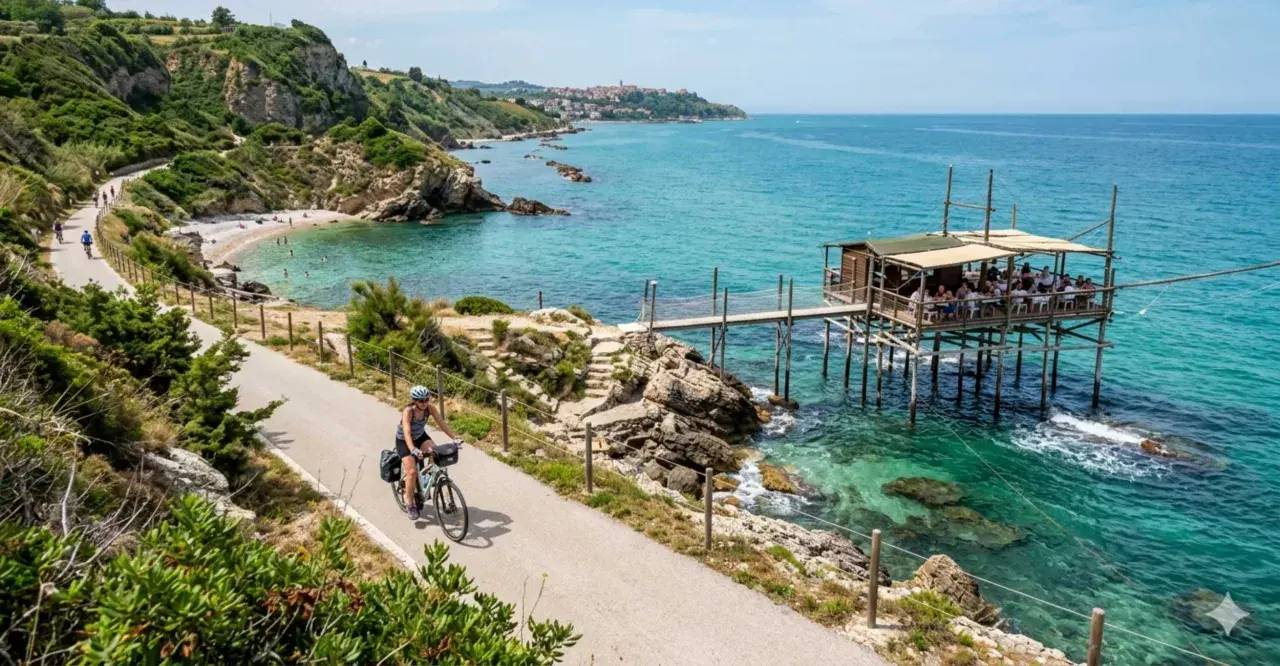 Ciclista lungo la via dei trabocchi, con un trabocco in legno sull'acqua cristallina e una spiaggia rocciosa.