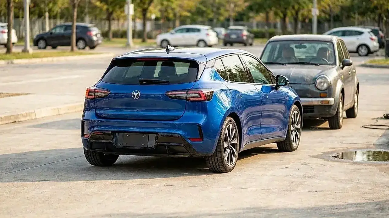 Ein blauer Kleinwagen parkt neben einem älteren grauen Auto. Zukünftig könnten solche Modelle, welche autos steigen im wert, zu begehrten Sammlerstücken werden.