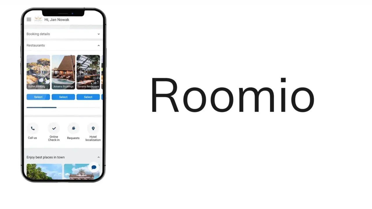 Aplikacja Roomio ułatwia rezerwacje i online check-in. Widok telefonu z opcjami restauracji i usług.