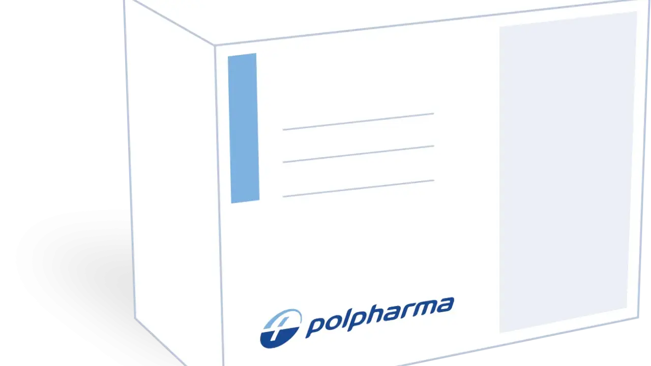 Białe pudełko z logo Polpharma. Na opakowaniu widnieją linie do wpisania adresu, co sugeruje, że jest to predox na co - przesyłka leków.