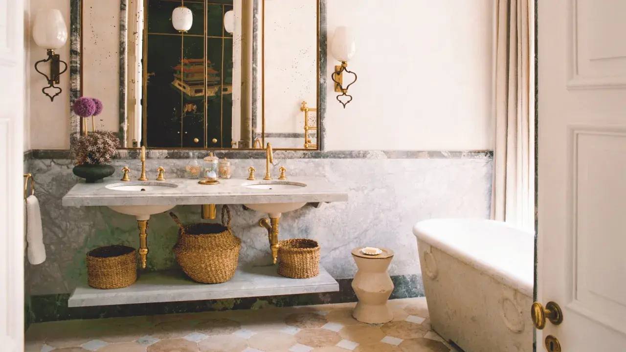 Elegante baño con doble lavabo de mármol, bañera exenta y suelo de baldosas. Un espejo con marco dorado y un cuadro oriental añaden un toque de lujo. ¡Ideas para pintar azulejos baño!