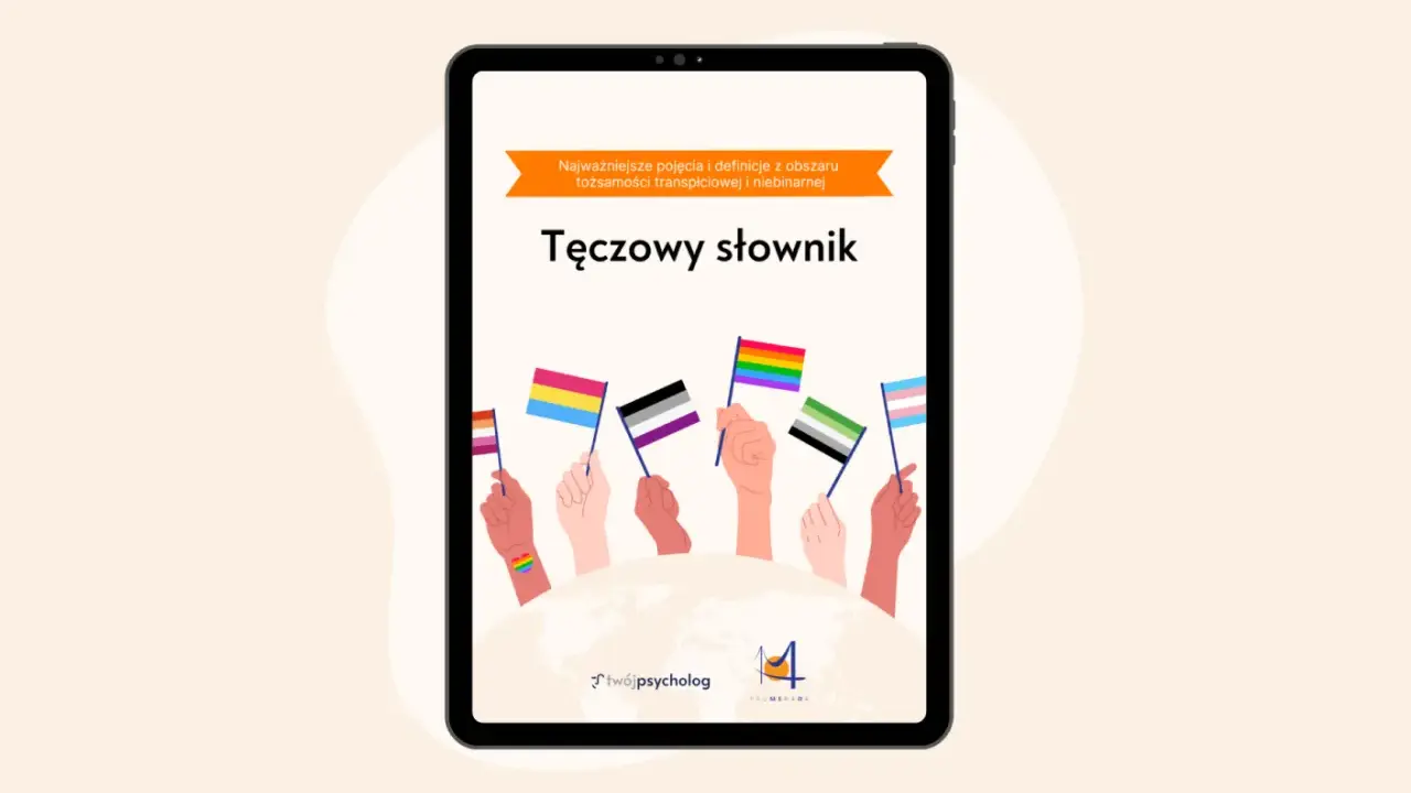 Tęczowy słownik: lista pojęć i definicji dotyczących tożsamości płciowych. Różne flagi symbolizujące społeczność LGBTQ+ wzniesione przez dłonie.
