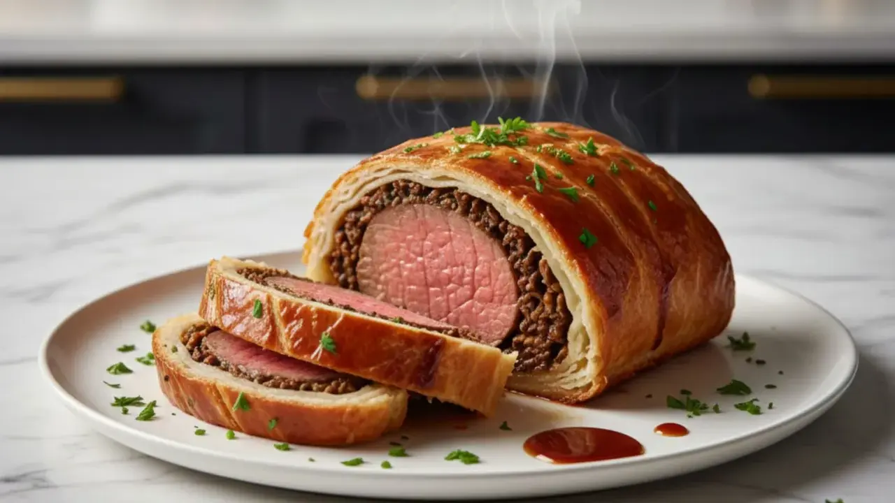 Un jugoso solomillo Wellington, recién horneado y humeante, servido en un plato blanco con perejil picado y una pizca de salsa.