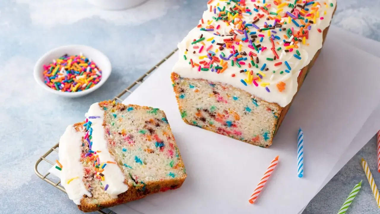 Bunter Konfetti Kuchen mit weißer Glasur und Streuseln. Ein Stück ist angeschnitten und zeigt die bunten Sprenkel im Teig.