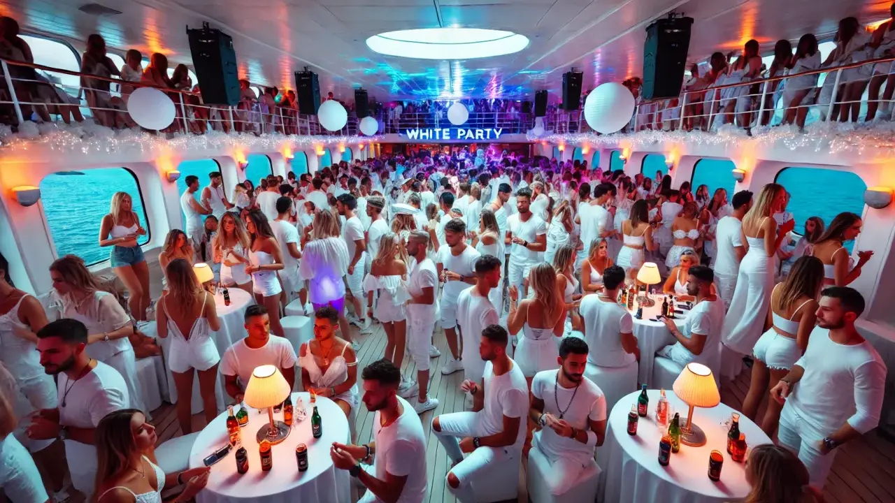 Festa in bianco a bordo della MSC Divina, con centinaia di persone che ballano e si divertono in un'atmosfera vibrante.