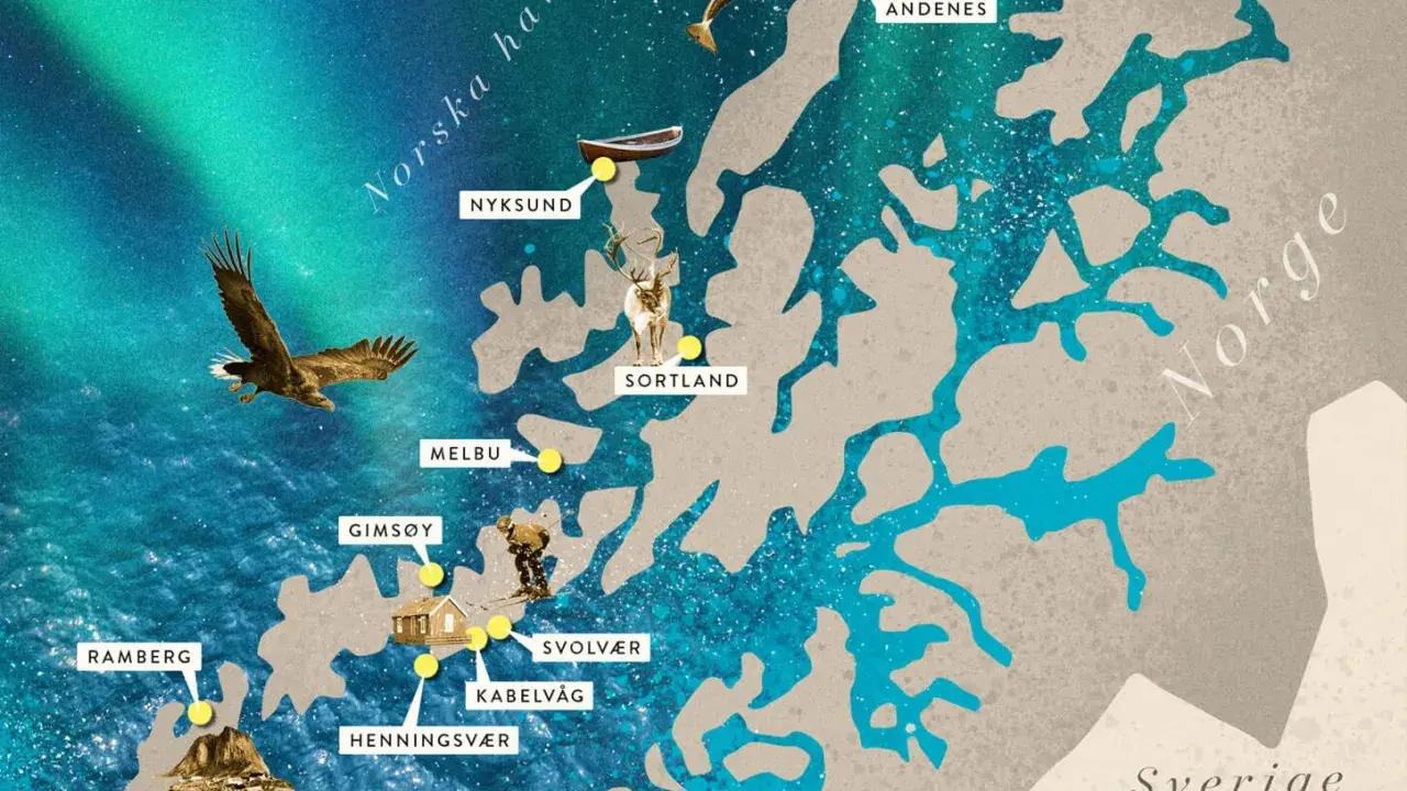 Dröm dig bort till Lofoten! En karta visar öarna med platser som Reine, Svolvær och Andenes. En örn flyger över norrskenet.