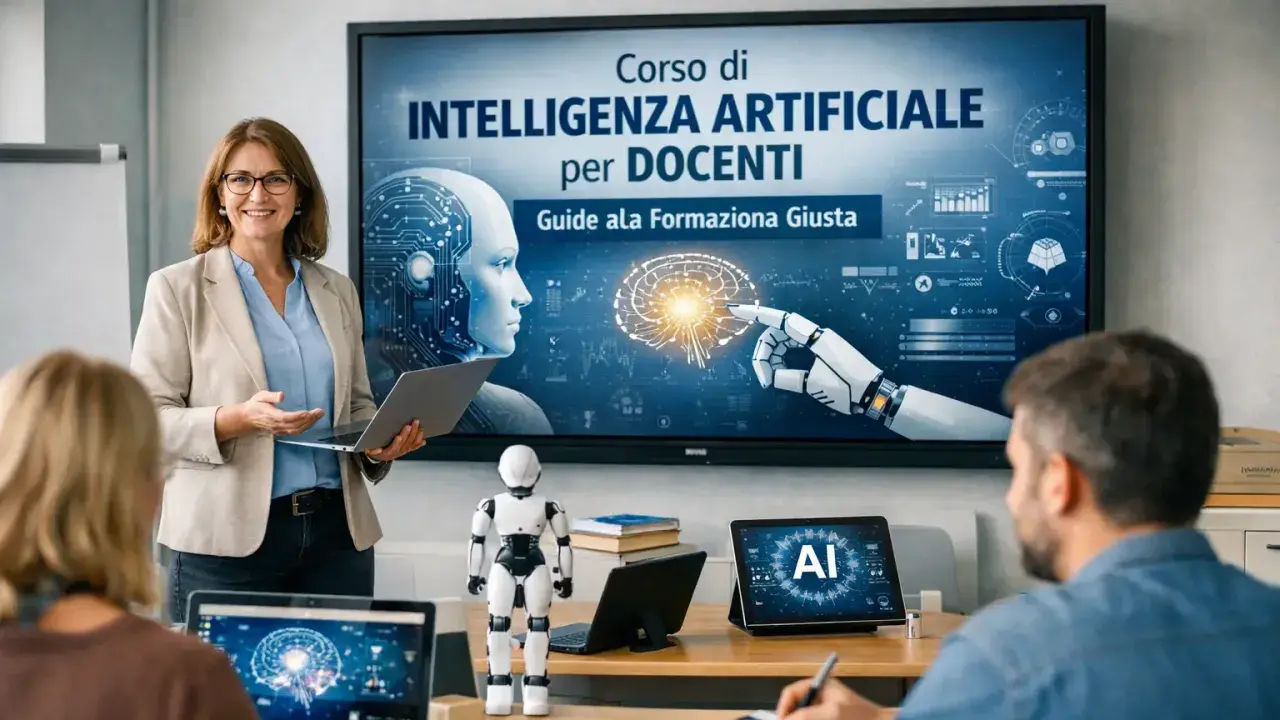 Docente presenta un seminario online sull'intelligenza artificiale per insegnanti, con un robot e schermi che mostrano concetti di AI.