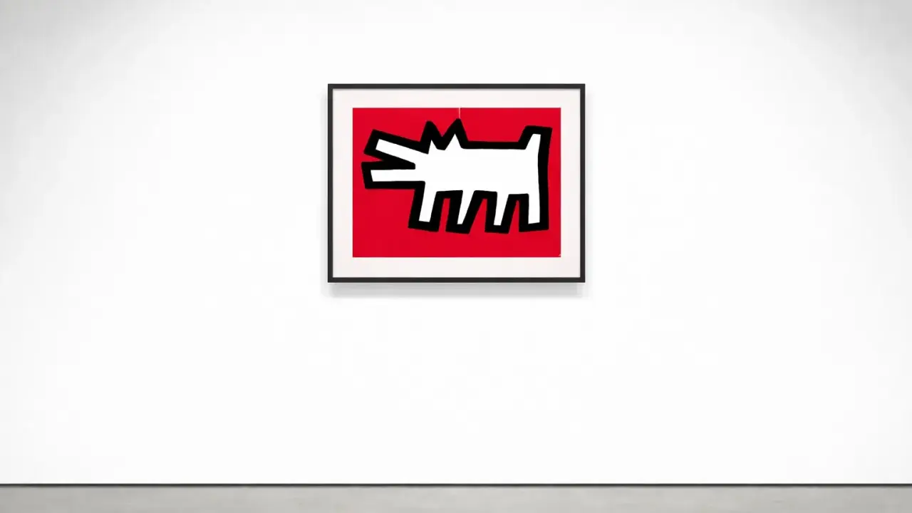 A white, stylized Keith Haring barking dog with black outlines on a vibrant red background, framed in black.