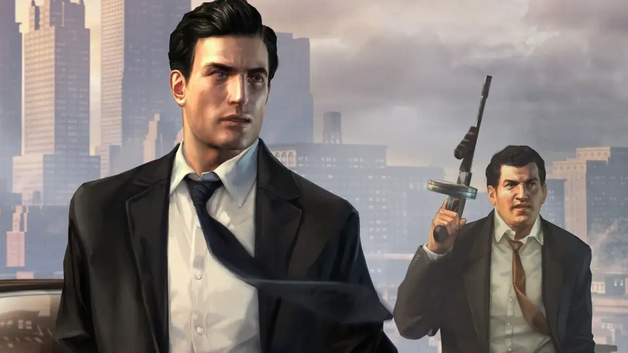 Dwóch mężczyzn w garniturach na tle miasta. Jeden z nich trzyma broń. To kadr z gry Mafia 2, idealny do poradnika.