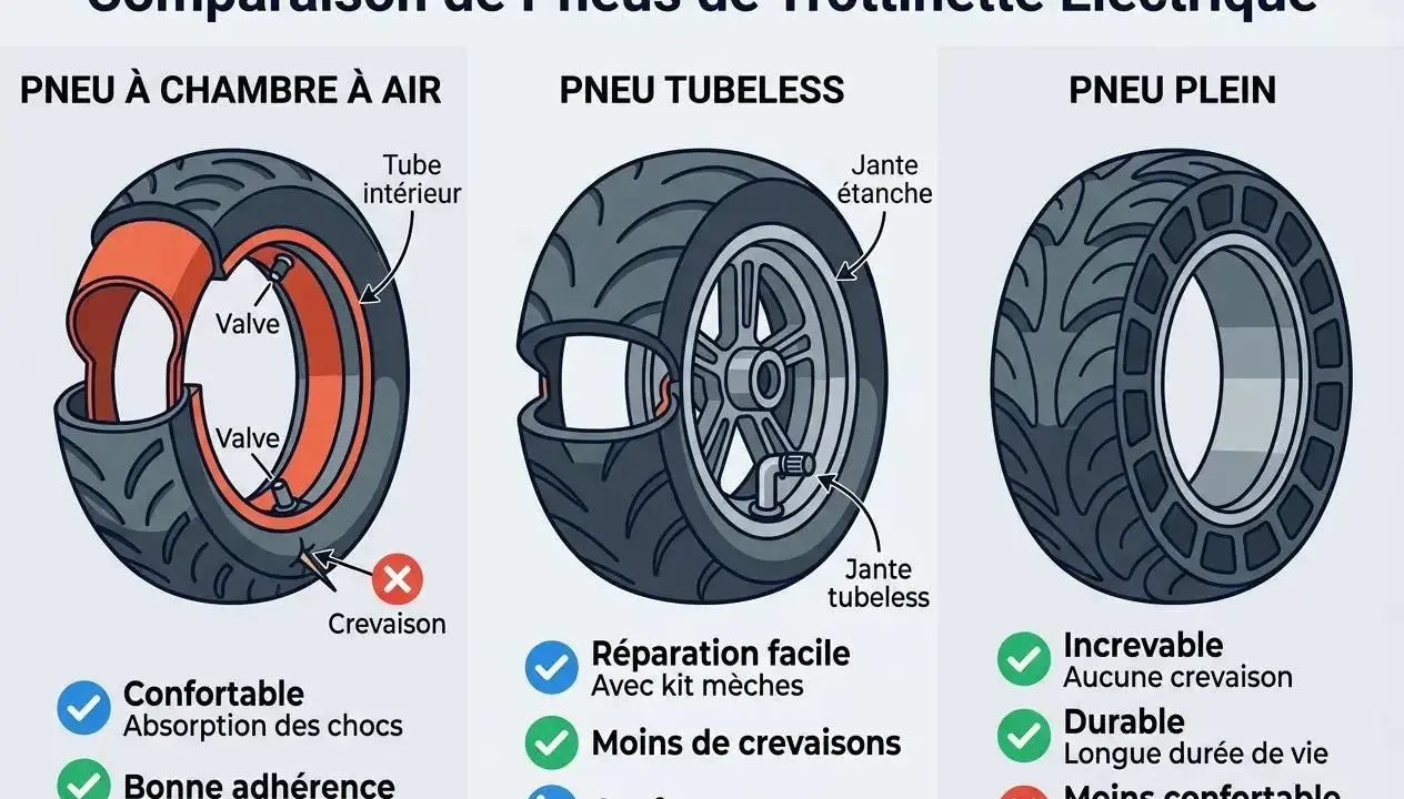 Comparaison de pneus de trottinette : pneu à chambre à air, tubeless et plein. Le pneu plein est increvable, durable, mais moins confortable. Comment monter un pneu plein sur une trottinette électrique ?