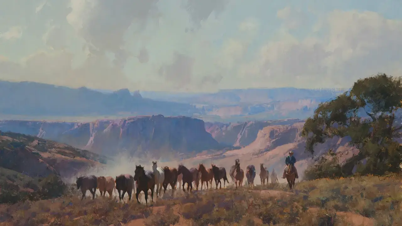 A herd of horses moves through a canyon landscape, guided by a lone rider. This scene captures the spirit of western artists.