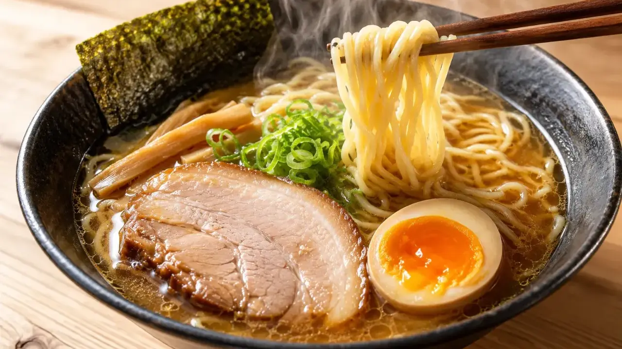 Parujące, aromatyczne **co to jest ramen** z makaronem, plastrem wieprzowiny, jajkiem i nori.