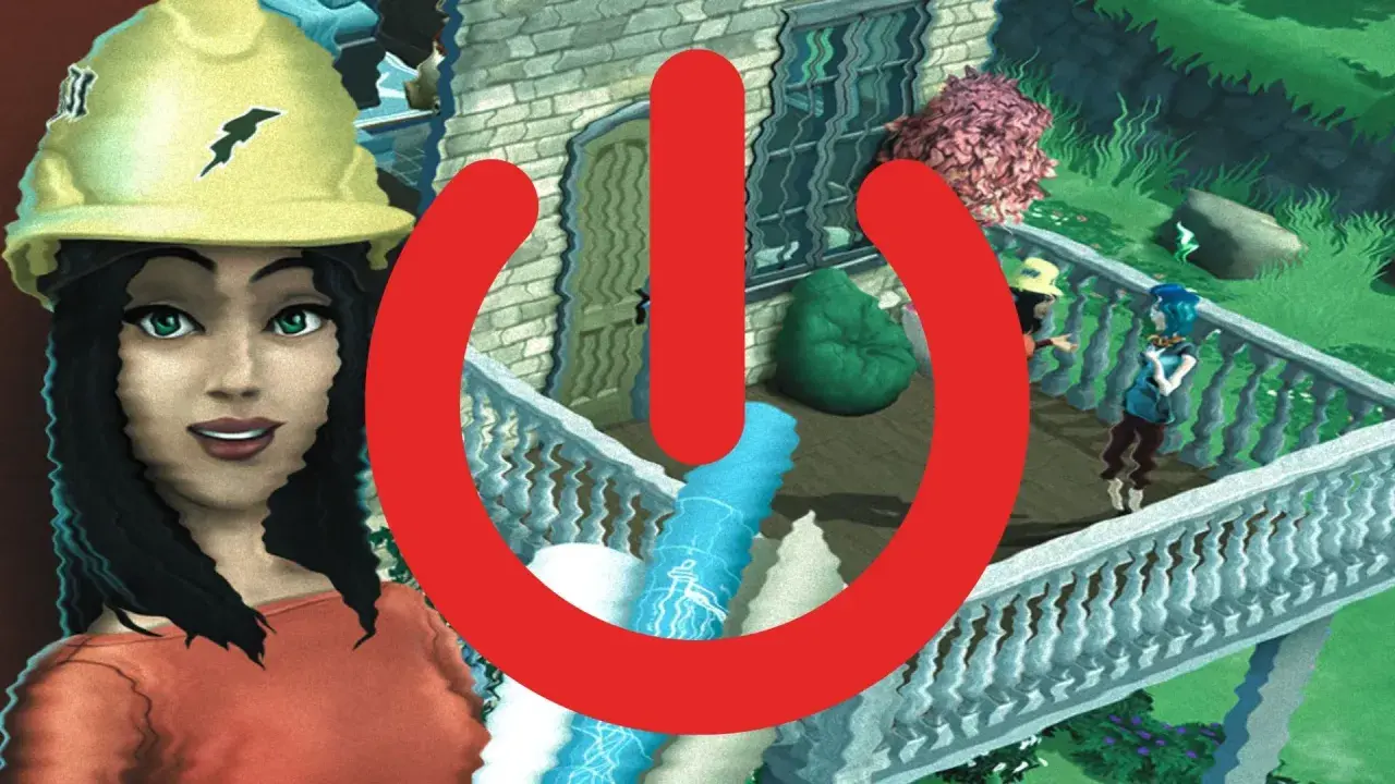 Kobieta w kasku budowlanym i czerwony symbol zasilania na tle domu z Simsów. Czas zacząć grę w The Sims Mobile!