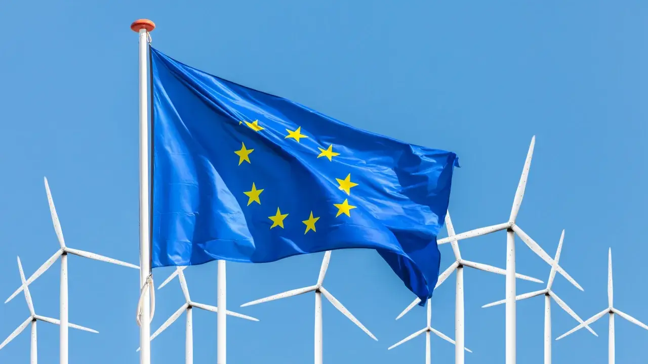 Europäische Flagge weht vor einer Reihe von Windrädern, die für erneuerbare Energien in der EU stehen.