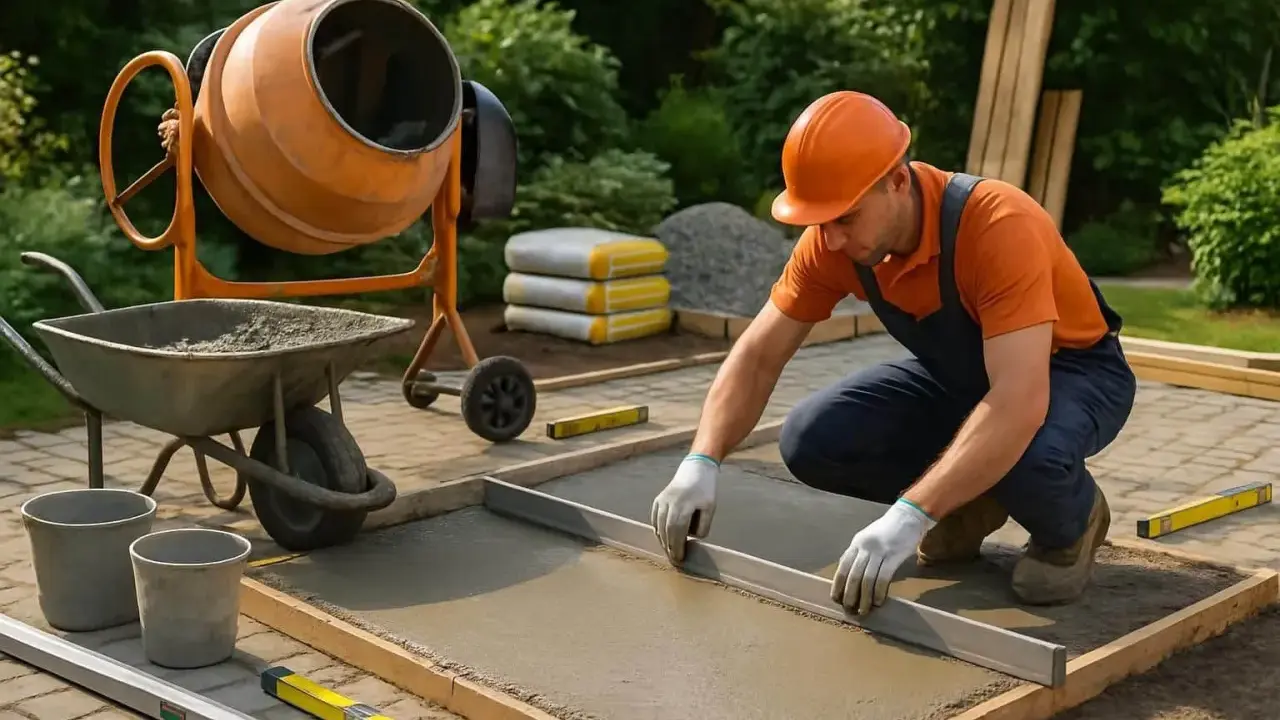 Un ouvrier utilise une règle de maçon pour niveler du béton fraîchement coulé. Il est en train de travailler sur le temps pour couler 1m3 béton seul.