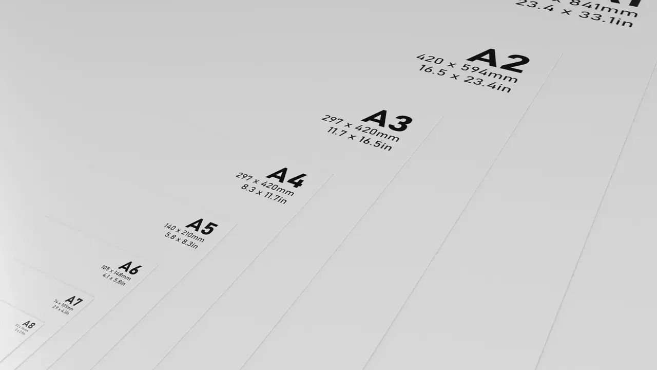 Tamaños de papel A1 a A8, mostrando la progresión de tamaño. El A0 es el más grande, el A8 el más pequeño.