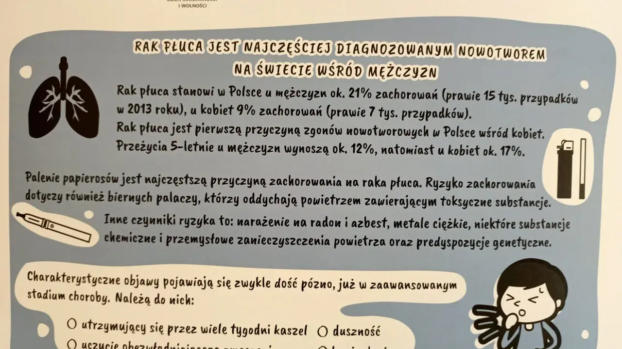 Ilustracja przedstawia symbol płuc, papierosa elektronicznego i sylwetkę kaszlącej osoby.