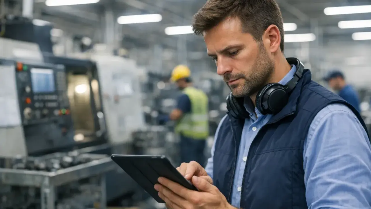 Mężczyzna w słuchawkach na szyi sprawdza tablet na hali produkcyjnej. Zastanawia się, ile zarabia planista produkcji.