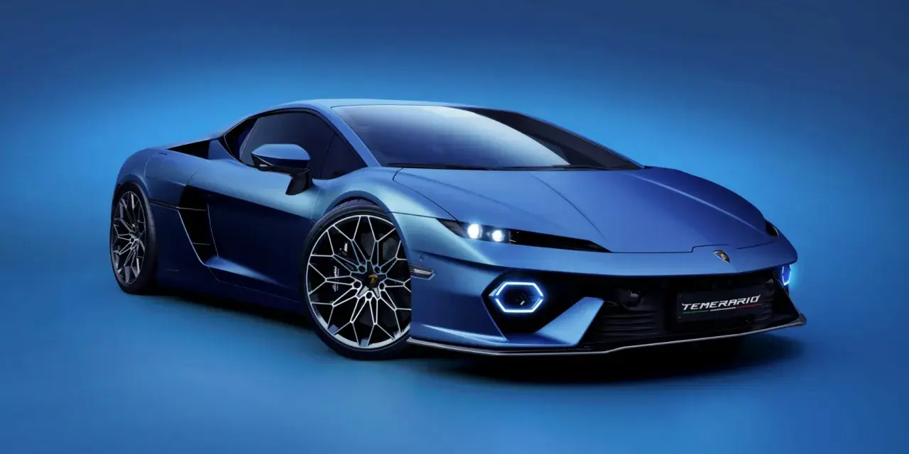 Niebieskie Lamborghini Temerario na tle. Zastanawiasz się, ile kosztuje Lamborghini? Ten model to marzenie!